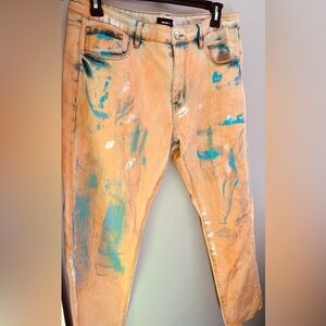 Men’s Peach Coloured Jeans w/Paint splatter designs on the front - Sz 36 waist
